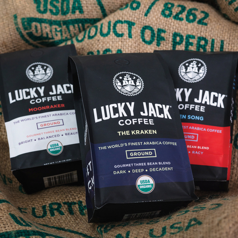 Flavored ground coffee gets the gourmet treatment from Lucky Jack Coffee. Known for small batch and hand-crafted cold brew beverages, Lucky Jack Coffee is now offering USDA organic gourmet ground coffee. Sourced from small farms around the globe, the three blends, Moonraker, Siren Song and Kraken, are Arabica, high altitude coffee origins. Bringing together artisanal coffee with unique organic flavoring, Lucky Jack's new bagged coffees are now available in 16oz & 12oz packages for $14.99 and $12.99 respectively; online at Amazon, www.LuckyJackCoffee.com, and select retailers nationwide. (Photo: Business Wire)