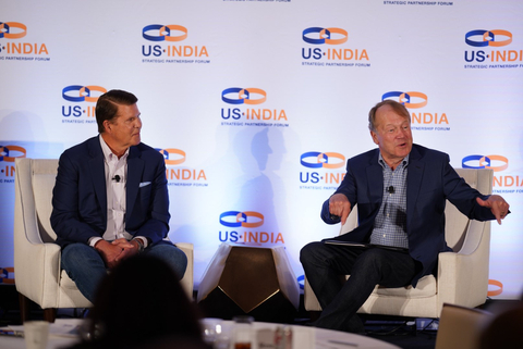 Keith Krach (left) and John Chambers discuss the critical role trusted technology plays in advancing freedom at the US-India Strategic Partnership Forum West Coast Summit. (Photo: Business Wire)