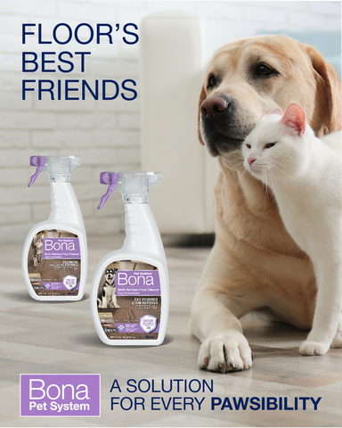 The new Bona Pet System offers the most effective clean against pet accidents, odors and hair, while delivering a safer, everyday solution for floors, pets and the planet. Unique to the system are two cleaning formulations. Bona Pet System Multi-Surface Floor Cleaner: Cat Formulation and Bona Pet System Multi-Surface Floor Cleaner: Dog Formulation. (Graphic: Business Wire)