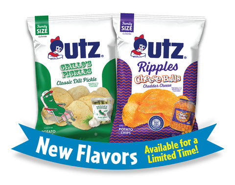 Try the NEW Utz & Grillo's Pickles' Classic Dill Pickle flavored potato chips! And, don't forget to try Utz's NEW Ripple potato chips covered with Utz's famous Cheese Balls cheddar cheese flavor. Act quickly, they're only available for a limited-time-only! Source: Utz Brands, Inc.