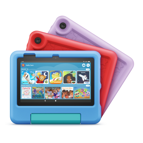 Fire 7 Kids comes with a one-year Amazon Kids+ subscription, two-year worry-free guarantee, and a kid-proof case in blue, red, or purple. (Photo: Business Wire)