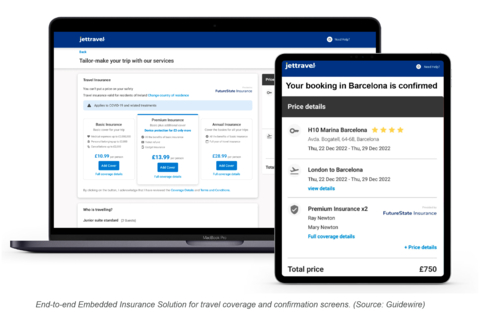 thumbnail End-to-end Embedded Insurance Solution for travel coverage and confirmation screens. (Source: Guidewire)