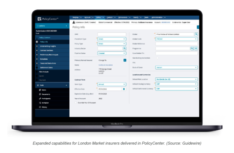 thumbnail Expanded capabilities for London Market insurers delivered in PolicyCenter. (Source: Guidewire)