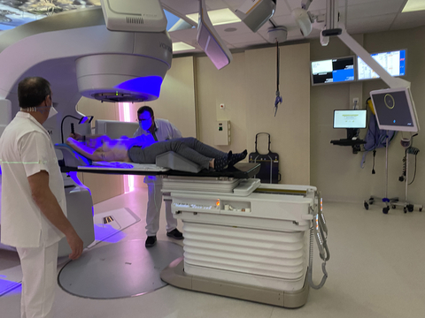 Clinicians at UZ Brussel are setting up one of the first patients to be treated with the Deep Inspiration Breath Hold Workflow at the ExacTrac Dynamic system. (Source: UZ Brussel)