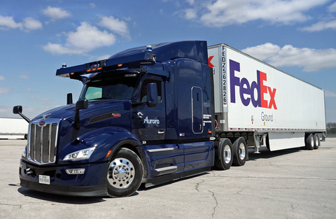 Aurora is now autonomously hauling freight for FedEx on two commercial lanes: Dallas to Houston, and Fort Worth to El Paso. (Photo: Aurora)