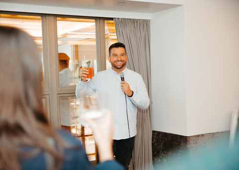 Darko Mandich, CEO & Co-Founder of MeliBio delivering speech on bees & future of honey at MeliBio World Bee Day event at Eleven Madison Park in NYC (Photo: Business Wire)