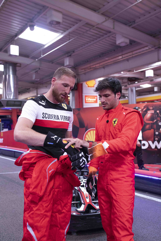 FOOTBALL MEETS MOTORSPORT IN MADRID - Carlos Sainz and Jan Oblak | PUMA Ambassador and Atletico Madrid’s goalkeeper Jan Oblak and Scuderia Ferrari driver Carlos Sainz challenge themselves by entering each other's worlds. In an interview with Sports company PUMA, the two athletes exchanged their passion for Football and Car Racing while challenging themselves in a Go Kart Race in Madrid. (Photo: Business Wire)