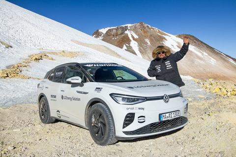 New highest altitude by an electric vehicle Guinness World Record is set by Maxion Wheels and Challenge4 with the ascent of a VW ID.4 GTX riding on Maxion steel wheels to the top of Bolivia's Uturuncu volcano. (Photo: Business Wire)