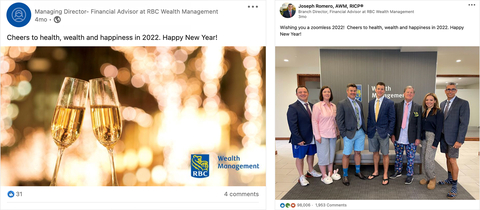 By personalizing a suggested corporate post (left) with a creative branch team image and copy (right), this RBC branch director garnered nearly 3000x more engagement on LinkedIn. (Photo: Business Wire)