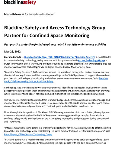 Blackline Safety and Access Technology Group Partner for Confined Space Monitoring