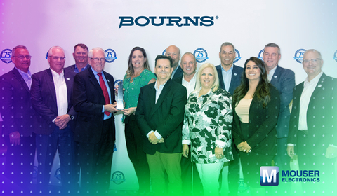 Representatives from Bourns present the Mouser team with the 2021 Global E-Commerce Distributor of the Year Award, recognizing Mouser's exceptional sales success and growth. (Photo: Business Wire)