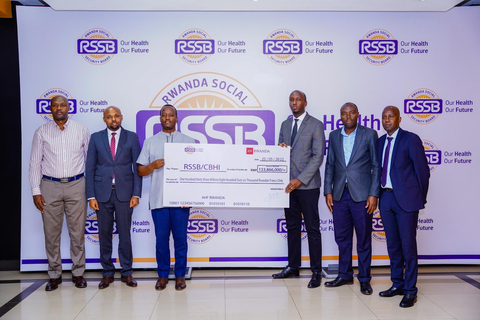 AHF Rwanda Country Program Manager, Dr Lambert Rangira (3rd from Right), presents the donation to the Rwanda Social Security Board (RSSB) representatives. (Photo: Business Wire)