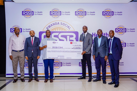 thumbnail AHF Rwanda Country Program Manager, Dr Lambert Rangira (3rd from Right), presents the donation to the Rwanda Social Security Board (RSSB) representatives. (Photo: Business Wire)