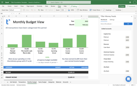 Monthly budget sheet in the Tiller Foundation template for Microsoft Excel. (Photo: Business Wire)