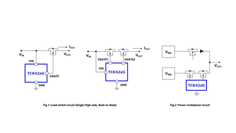 Toshiba: Fig.1: Load switch circuit (Single High-side, Back-to-Back), Fig.2: Power multiplexer circuit (Graphic: Business Wire)