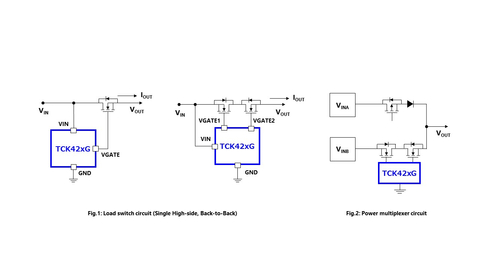 thumbnail 東芝：Fig.1：ロードスイッチ回路の例 (シングルハイサイド、バック・トゥ・バック)、Fig.2：パワーマルチプレクサー回路の例 （画像：ビジネスワイヤ）