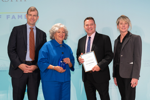 Scott Tew (second from right), Vice President, Sustainability and Managing Director of the Center for Energy Efficiency & Sustainability at Trane Technologies (CEES) accepts Trane Technologies' induction into the Climate Leadership Awards Hall of Fame. He is joined on stage by Nathaniel Keohane (left) President of C2ES, Mary Nichols (second from left), 2022 Climate Pioneer Award winner, and Amy Holm (right), Executive Director of the Climate Registry. (Photo: Business Wire)