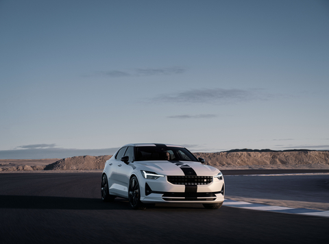Polestar 2 BST edition 270 in Snow with optional matte black stripe at Gotland Ring, Sweden (Photo: Business Wire)