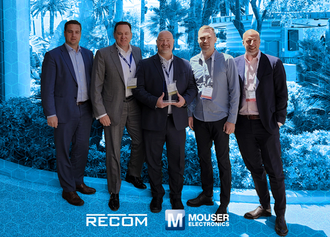 Representatives from Mouser and RECOM pose with the Catalog Distributor of the Year trophy. (Photo: Business Wire)
