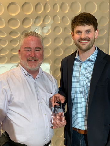 Mark Contino (left) with Topcon Solutions Store accepted the Partner of the Year — Americas 2022 award from Autodesk Construction Solutions (ACS), while TSS’ Ian Donovan (right) received the Autodesk Partner Value Selling Award — Americas 2022. (Photo: Business Wire)