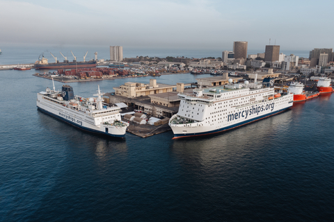 For the first time in Mercy Ships history, the Global Mercy docked next to the Africa Mercy in the port of Dakar, Senegal. (Photo: Business Wire)