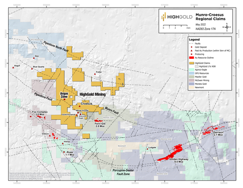 original Figure 1 - Map of HighGold's claims and gold deposits in East Timmins (Graphic: Business Wire)
