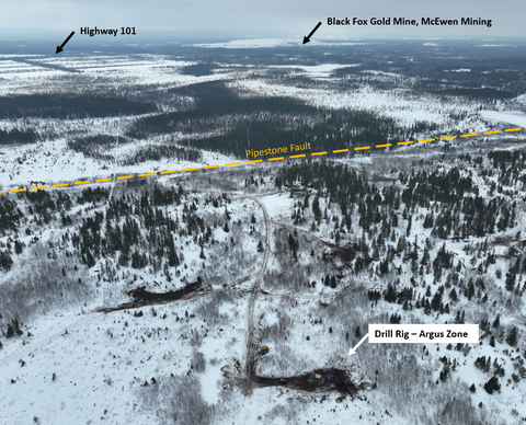 thumbnail Photo 1 – Aerial image of drill rig from winter drill program at Argus Zone, Munro-Croesus Project (looking southwest). (Photo: Business Wire)
