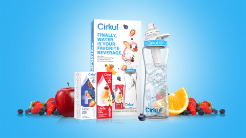 Cirkul’s patented cartridge, water bottle, and select flavors Mixed Berry FitSip and Fruit Punch LifeSip (Photo: Business Wire)