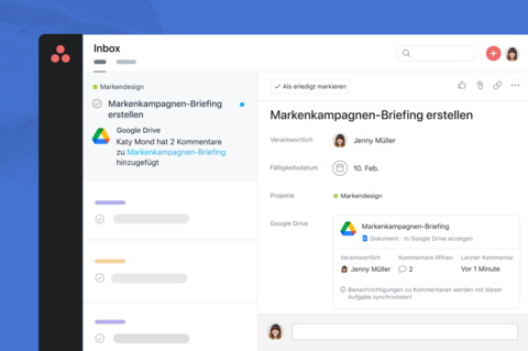 Eine neu gestaltete Google Drive-Integration verknüpft demnächst Google Docs, Tabellen und Präsentationen mit Aufgaben, die Benachrichtigungen zu Dateikommentaren direkt in Asana anzeigen, damit Teams bei der gemeinsamen Arbeit an umfangreichen, kühnen Ideen stets auf dem Laufenden sind. (Graphic: Business Wire)