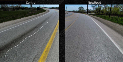 thumbnail A heavily traveled road through a Des Moines-area industrial park in Iowa has an already damaged control lane with regular asphalt (left) and a pristine lane paved with NVI Advanced Materials Group's NewRoad® additive (right). (Photo: Business Wire)