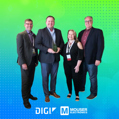 Representatives from Mouser Electronics and DIGI International pose with the NPI Distributor of the Year trophy. From left: Mouser’s Russell Rasor and Gehrig Castles and DIGI’s Diane Laegeler and Martin Chalmers. (Photo: Business Wire)