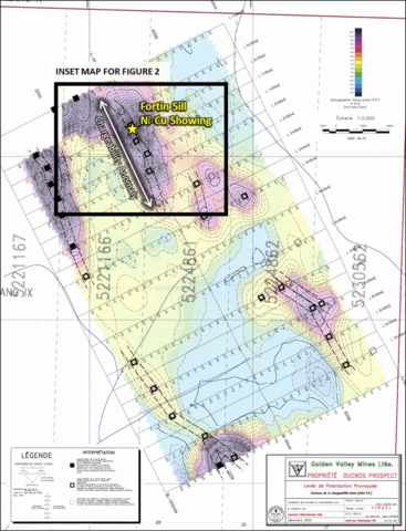 Figure 1. Georeferenced plan map of 2005 Induced Polarization survey data (chargeability) collected at the Fortin Sill Target area on behalf of Golden Valley Mines Ltd. (Québec Assessment report GM 62408). The location of the Fortin Sill Ni-Cu-PGE surface showing outcrop and stripped area is indicated by the yellow star. The central axis of the chargeability anomaly extends for ~100 metres to the northwest of the showing to approximately 250 metres to the southeast. (Graphic: Business Wire)