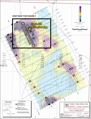 thumbnail Figure 1. Georeferenced plan map of 2005 Induced Polarization survey data (chargeability) collected at the Fortin Sill Target area on behalf of Golden Valley Mines Ltd. (Québec Assessment report GM 62408). The location of the Fortin Sill Ni-Cu-PGE surface showing outcrop and stripped area is indicated by the yellow star. The central axis of the chargeability anomaly extends for ~100 metres to the northwest of the showing to approximately 250 metres to the southeast. (Graphic: Business Wire)