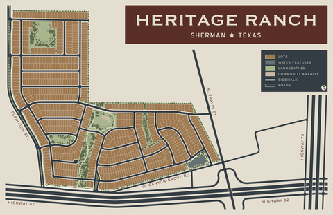 Covenant Development, in partnership with Rockhill Capital & Investments, unveil plans for more than 750 single-family homes to be built within Heritage Ranch, a 440-acre mixed-use, master-planned community in Sherman, Texas. New homes by K. Hovnanian Homes and Highland Homes are expected to become available starting in late 2023. Visit www.heritageranchtx.com for more details. (Graphic: Business Wire)