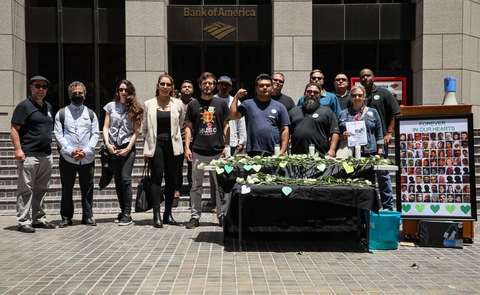 Community leaders from the Southern California Coalition for Occupational Safety and Health (SoCal COSH), National COSH, Clergy and Laity United for Economic Justice, SMART, Labor Network for Sustainability, and the Clean Up Kingspan campaign pay tribute to the 72 victims of the Grenfell Tower fire in front of Capital Group Headquarters in Los Angeles. Capital Group is the largest outside shareholder of Kingspan, a core participant in the Grenfell Inquiry. (Photo: Business Wire)