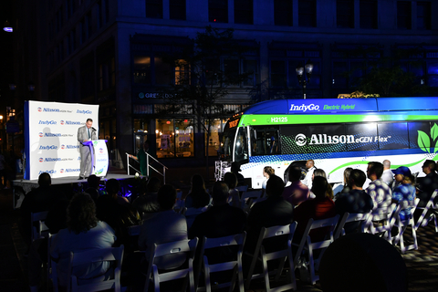 David Graziosi, Chairman and CEO, Allison Transmission, speaks during an event hosted by Allison and the Indianapolis Public Transportation Corporation (IndyGo) unveiling the first bus equipped with the Allison eGen Flex™ electric hybrid propulsion system, which provides revolutionary capabilities including full electrification range. (Photo: Business Wire)