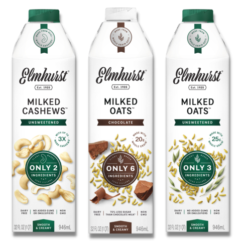 Elmhurst Chocolate Milked Oats, Unsweetened Milked Oats and Unsweetened Milked Cashews now available in Whole Foods Market nationally. (Photo: Business Wire)