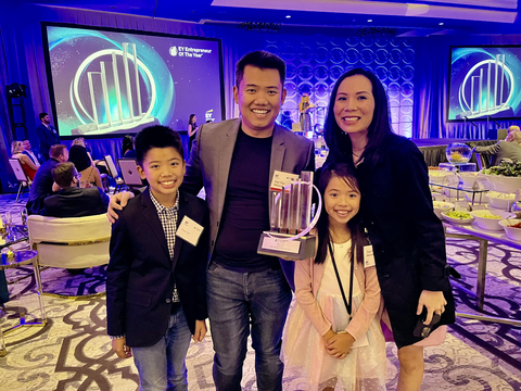 Paul celebrated the night with his number-one fans and support system: his family. Pictured with Paul is his wife, Thao, and children Ethan and Isabelle. (Photo: MANSCAPED)