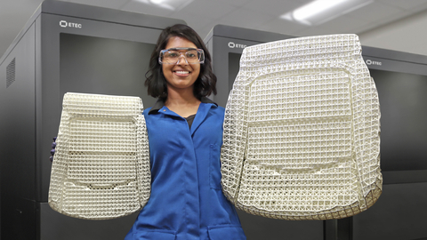These automotive seats were 3D printed in an innovative new FreeFoam™ photopolymer resin that can be expanded in an oven after printing. The seat on the left showcases the material after 3D printing but before expansion, while the seat on the right shows the fully expanded seat after a quick trip through an oven. The seats were 3D printed on the ETEC Xtreme 8K top-down DLP printer shown in the background. (Photo: Business Wire)