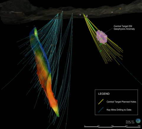 Figure 2. Section view looking south, showing planned drill holes of initial 11,000 m program to test the Central Target (located approximately 300 m west of the Kay Mine). (Graphic: Business Wire)