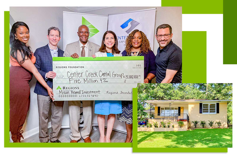 The Regions Foundation on Thursday, June 23, 2022, announced a $5 million Mission Related Investment in Center Creek Capital Group, an organization addressing affordable housing needs across the Southeast. Pictured, from left to right, are Center Creek Social Impact Program Manager Monique Davis; Center Creek Managing Partner Dan Magder; Fairfield, Ala., Mayor Eddie Penny; Regions Foundation Executive Director Marta Self; Alabama State Rep. Merika Coleman; and Center Creek Chief Operating Officer Greg Shron. (Photo: Business Wire)