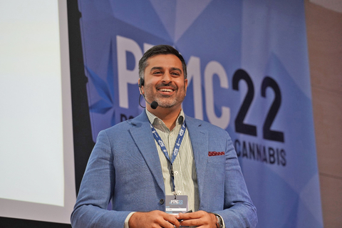Tej Virk, CEO of Akanda, addresses the Portugal Medical Cannabis (PTMC) Conference, June 2022 (Photo: Business Wire)