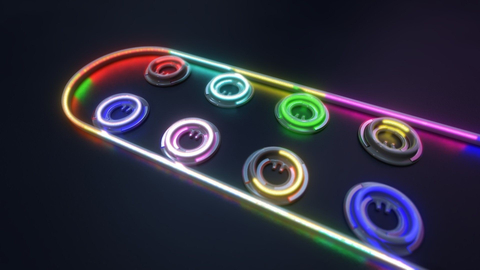 Illustration shows eight micro-ring modulators and optical waveguide. Each micro-ring modulator is tuned to a specific wavelength -- or “color” of light. By using multiple wavelengths, each micro-ring can individually modulate the light to enable independent communication. This method of using multiple wavelengths is called wavelength-division multiplexing. (Credit: Intel Corporation)