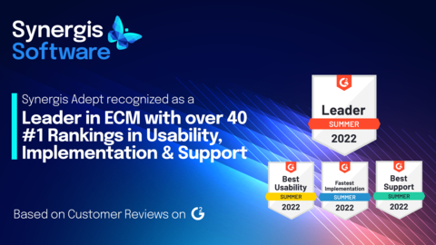 G2 Summer Reports name Synergis Adept a leader in Enterprise Content Management for the 8th consecutive quarter, including over 40 #1 rankings for usability, support, user adoption, implementation, and business relationships. (Graphic: Business Wire)