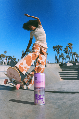 Briana King's new Green Monké soda delivers 10mg THC and 20mg CBD and comes dressed in a sleek, purple-hued interpretation of Briana’s beloved Venice Beach Skatepark. (Photo: Business Wire)