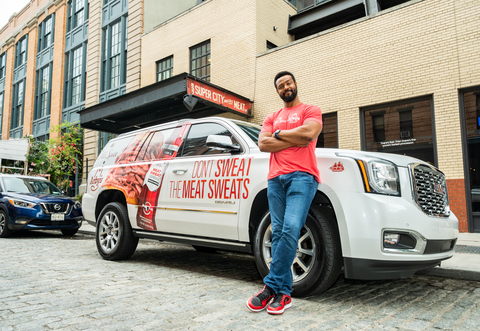 Old Spice Guy Isaiah Mustafa meets fans and delivers Old Spice Sweat Defense Dry Spray, Arby’s gift cards and Meat Sweat Defense Kits in New York City’s Meatpacking District to celebrate the Old Spice and Arby’s collaboration. (Photo: Old Spice)