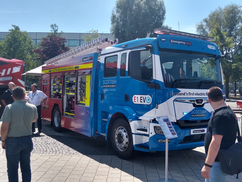 The E1 EV0 fire engine, equipped with the Allison eGen Power®️ 100D, was unveiled at Interschutz 2022, a fire and rescue industry tradeshow in Hanover, Germany. The all-electric pumping engine has been sold to the Scottish Fire and Rescue Service and is expected to be put into service in early 2023. (Photo: Business Wire)