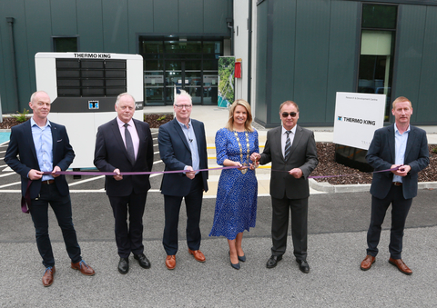 Trane Technologies’ Thermo King in Galway, Ireland opened their new R&D Center on Friday. Pictured at the opening were Mayor of Galway Clodagh Higgins with (l-r) Ken Gleeson, Engineering Leader, Thermo King; Ray O'Connor, head of regions, IDA; Cormac Mac Donncha, VP, Integrated Supply Chain, Thermo King; Bernd Lipp, VP, Engineering & Technology, Thermo King; and Mike Stratford, Thermo King Operations Leader, Ireland. (Photo: Business Wire)