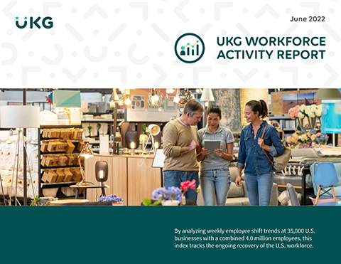 The UKG Workforce Activity Report for June 2022 indicates the labor market is holding strong heading into summer. Learn more about the relationship between hourly employee shift work in the U.S. and jobs growth at UKG.com/WorkforceActivityReport.