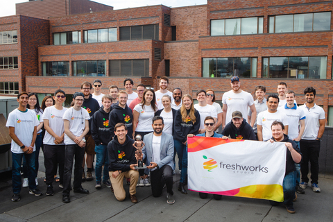 The team at FreshWorks Studio is shown here together in 2019. After going remote due to COVID-19 the company has grown to 108 employees as of June 2022. (Photo: Business Wire)